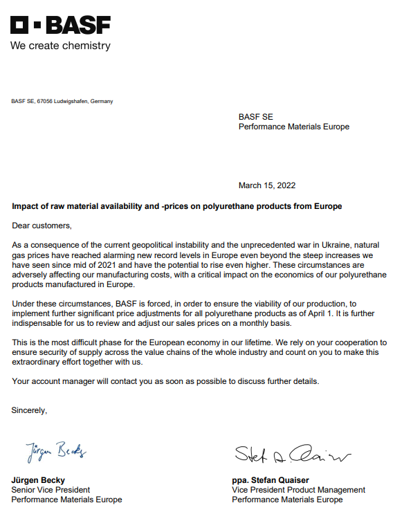 自4月1日起！巴斯夫将对欧洲市场所有聚氨酯产品涨价